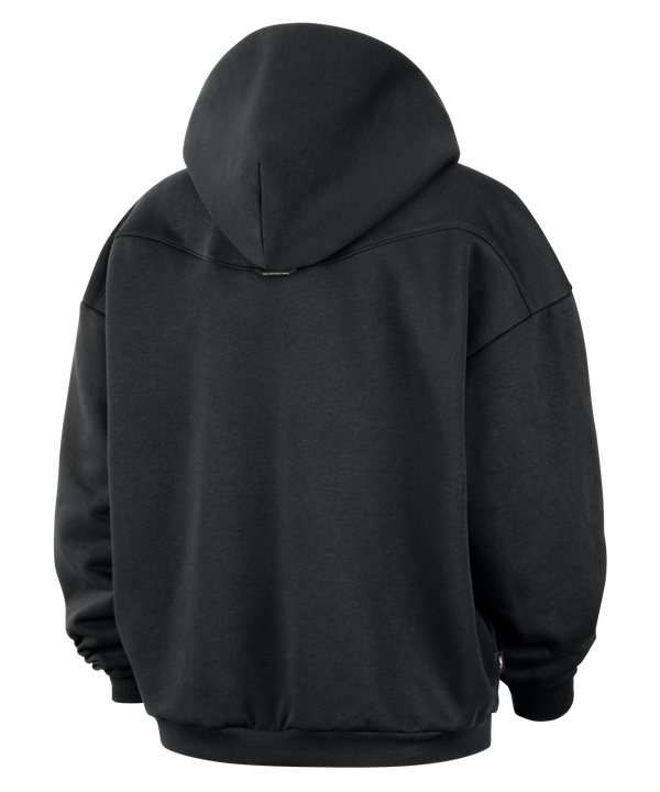 The Nike Miami HEAT Oversized Logo Fleece Hoodie is a black fleece hoodie from Nike, showcasing a striking Miami Heat logo on the front in a spray-paint effect of red, white, and yellow. It features a front pocket and hood, making it the perfect choice for any Miami HEAT fan.