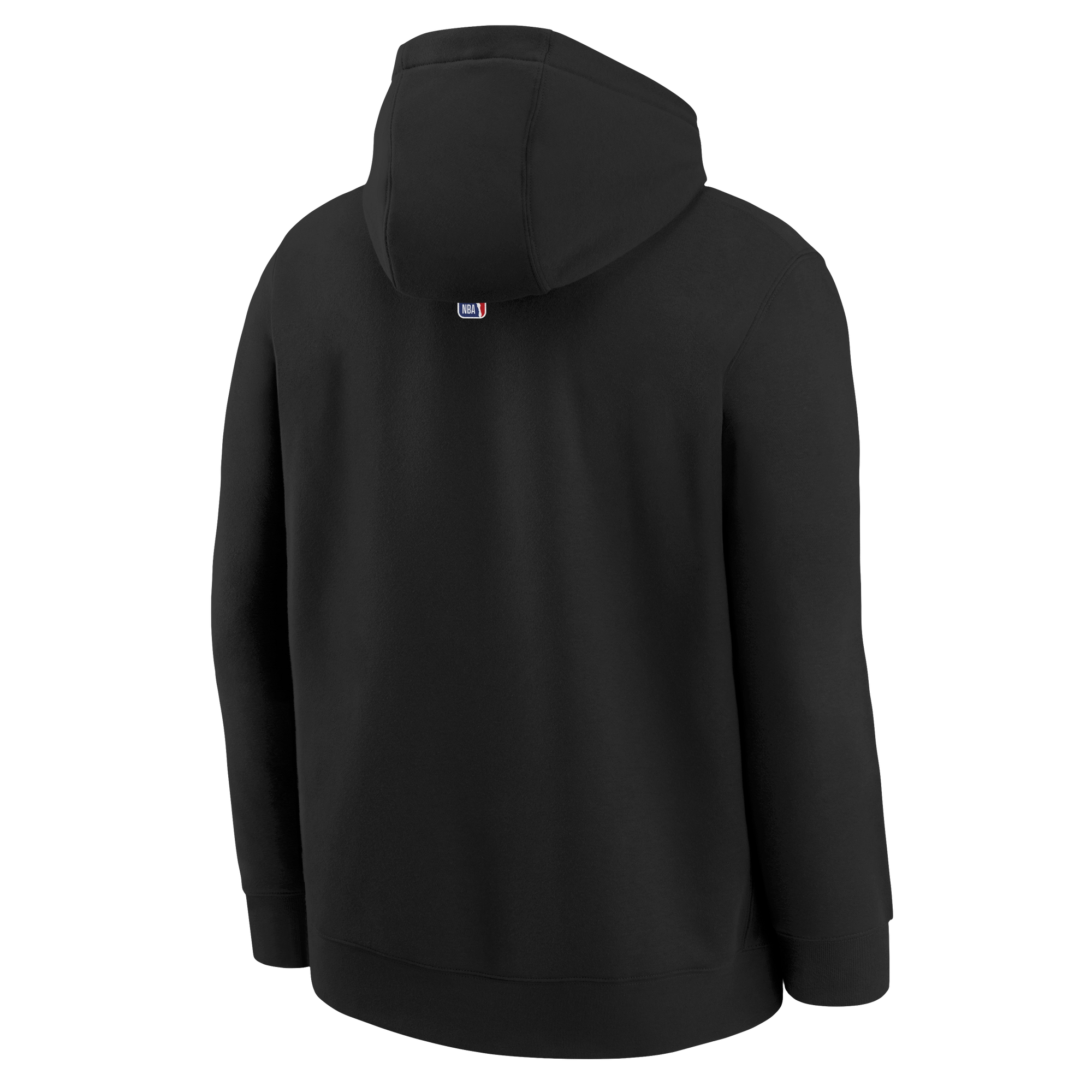 The Nike Miami HEAT Original Vice Nights Youth Hoodie by Nike is shown from the back in black cotton polyester, with long sleeves, a standard fit, a small rectangular logo near the top of the hood, on a plain white background. Machine washable.