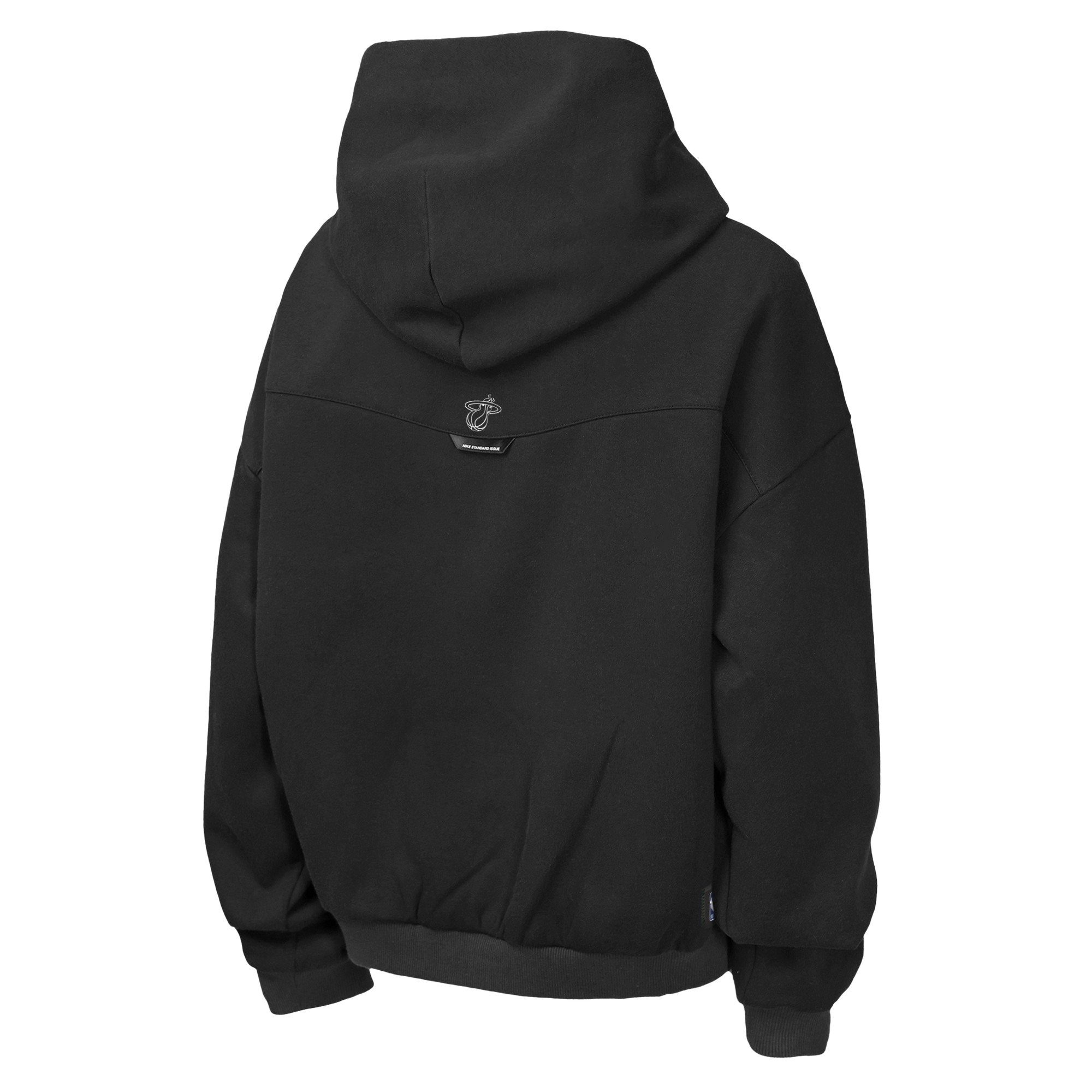 The Nike Miami HEAT Oversized Logo Fleece Youth Hoodie, shown from the back against a white background, is crafted from a comfortable cotton-polyester blend and features a small embroidered logo at the top center. This loose fit hoodie offers a relaxed, oversized silhouette, making it perfect for effortless layering.