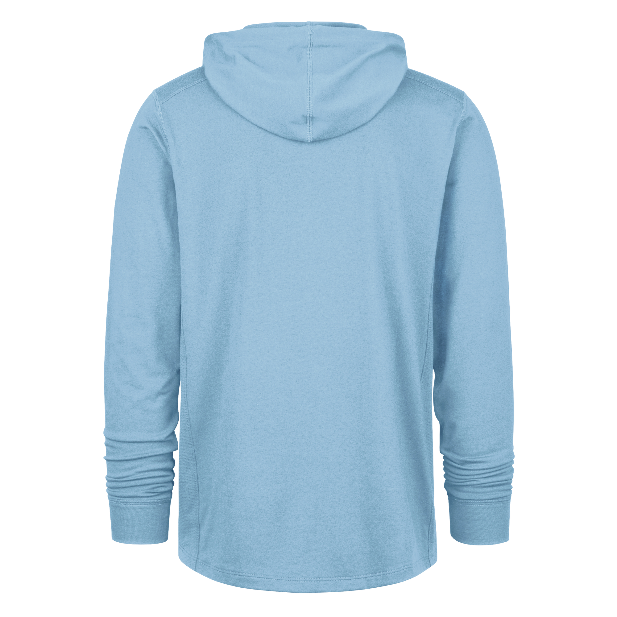 The '47 Brand Miami HEAT Original Vice Nights Blue Hoodie is shown from the back, featuring long sleeves and a relaxed fit in a soft cotton-polyester-lycra blend, displayed on a plain white background with no visible logos or designs.