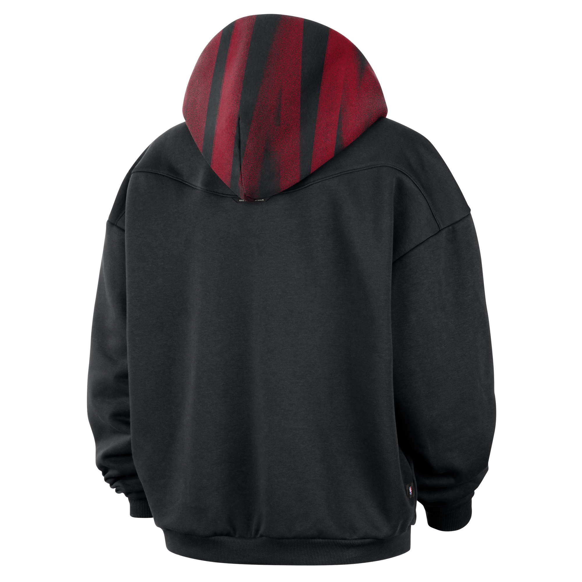 Back view of a black, loose-fit oversized Nike Miami HEAT Oversized Wordmark Fleece Hoodie featuring a red and black striped hood and embroidered logos.
