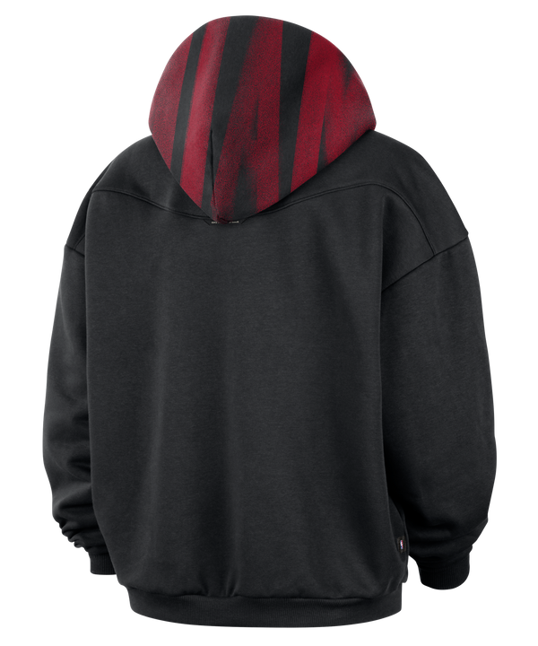 Black, loose-fit Nike Miami HEAT Oversized Wordmark Fleece Hoodie featuring a red, vertical graphic pattern with an embroidered team name and logo on the chest.