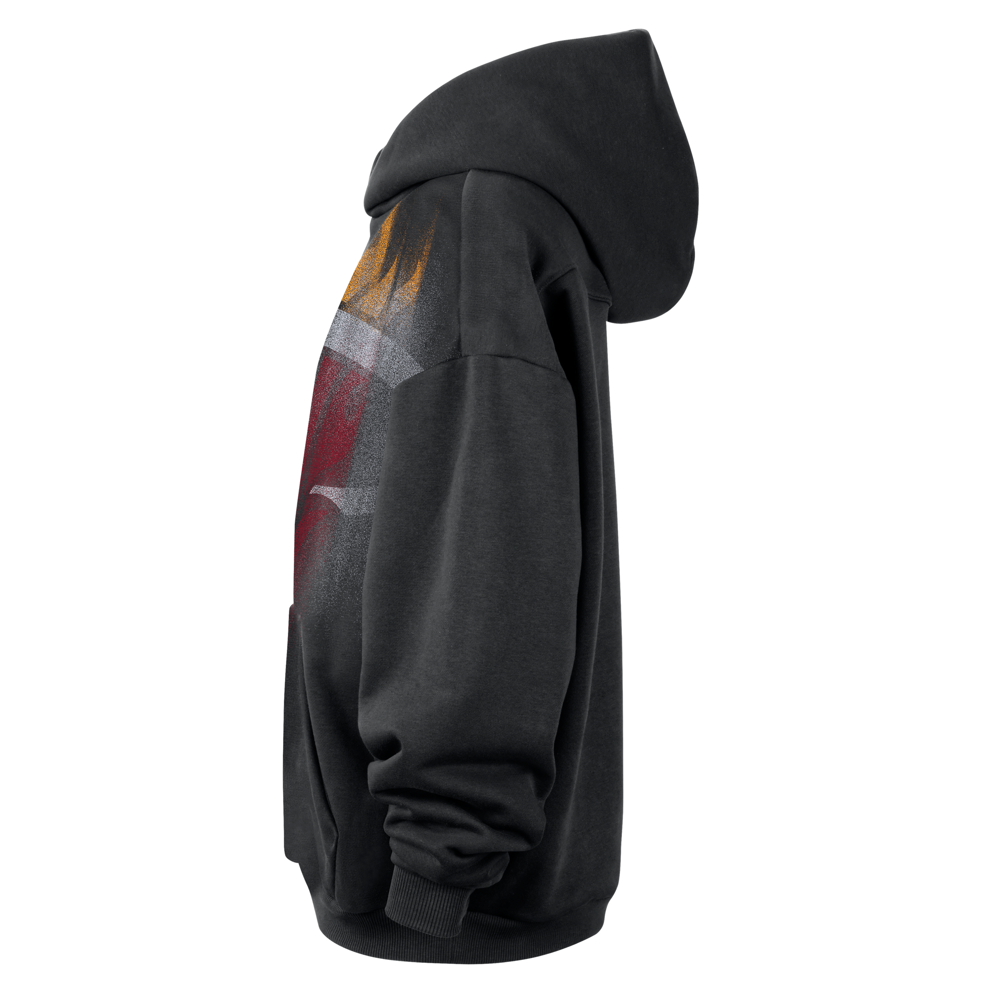 The Nike Miami HEAT Oversized Logo Fleece Hoodie, shown from a side view on a plain white background, features a black fleece construction with an oversized graphic design in red, yellow, and white across the upper side. This Nike hoodie seamlessly blends comfort and style, making it perfect for any Miami HEAT fan.