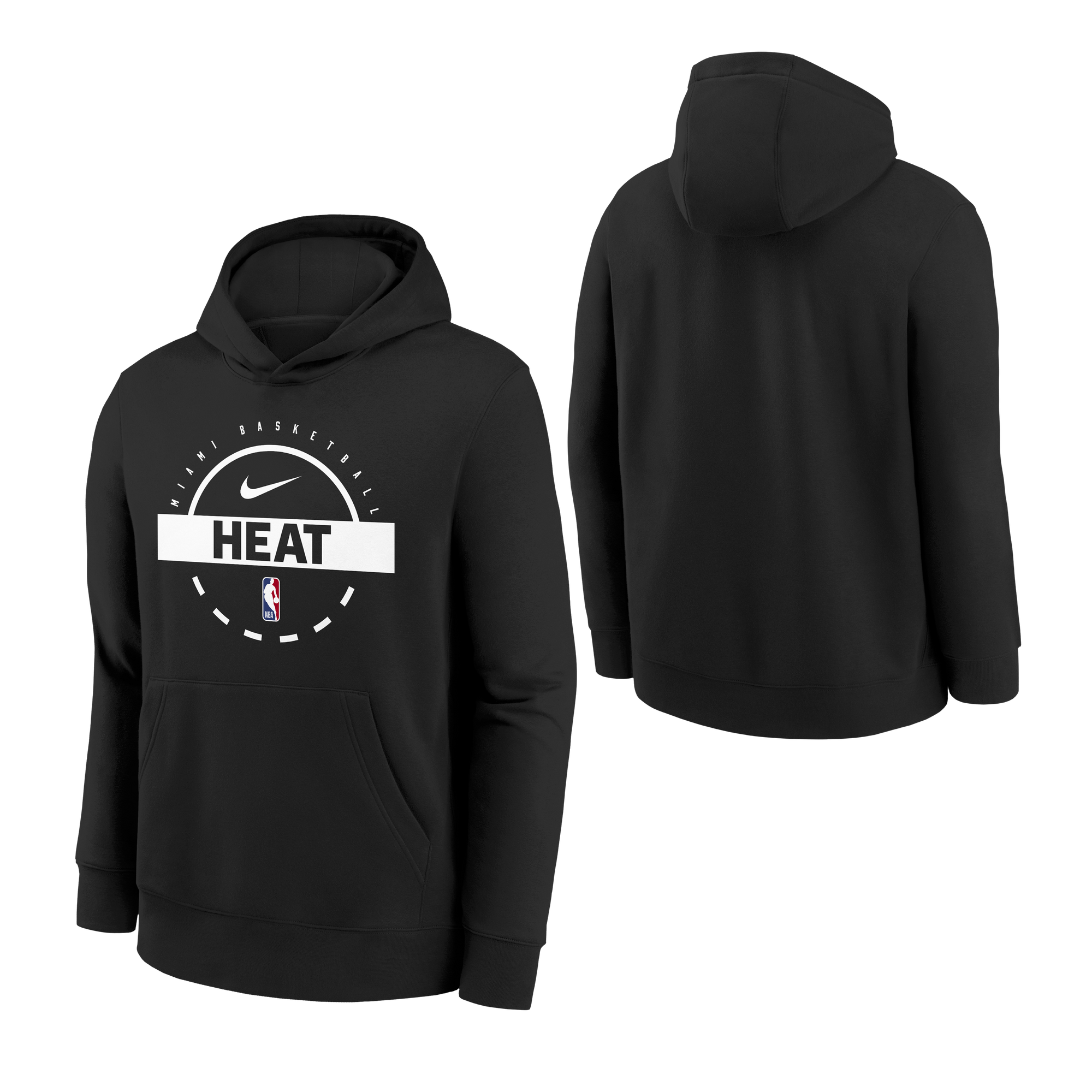 Black Nike Miami HEAT youth hoodie with white logo and front kangaroo pocket. - Nike Miami HEAT 2025-26 On-Court Fleece Youth Hoodie
