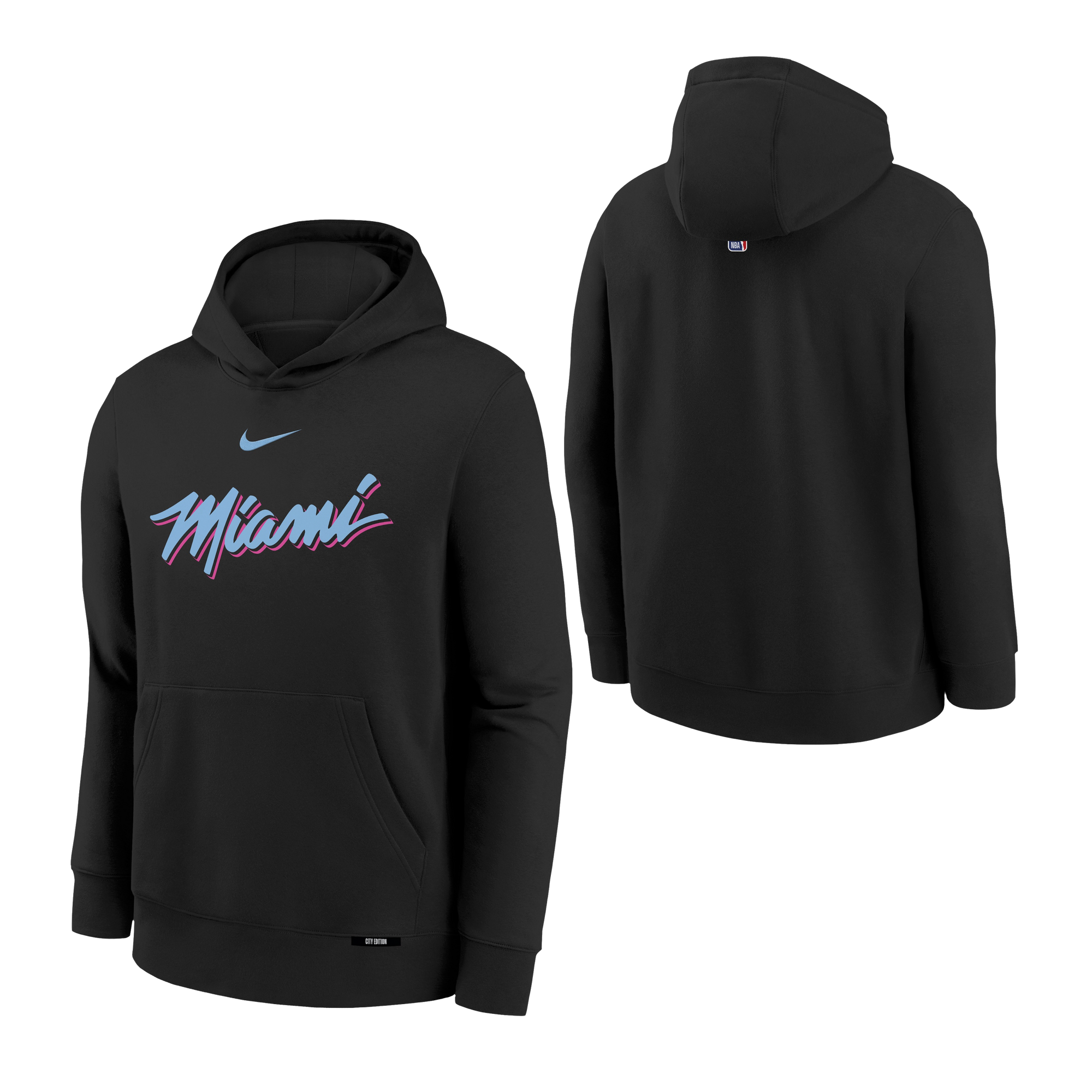 The Nike Miami HEAT Original Vice Nights Youth Hoodie features Miami in pink and blue script on the chest, has a front pocket, standard fit, is machine washable, and is shown from front and back angles against a white background.