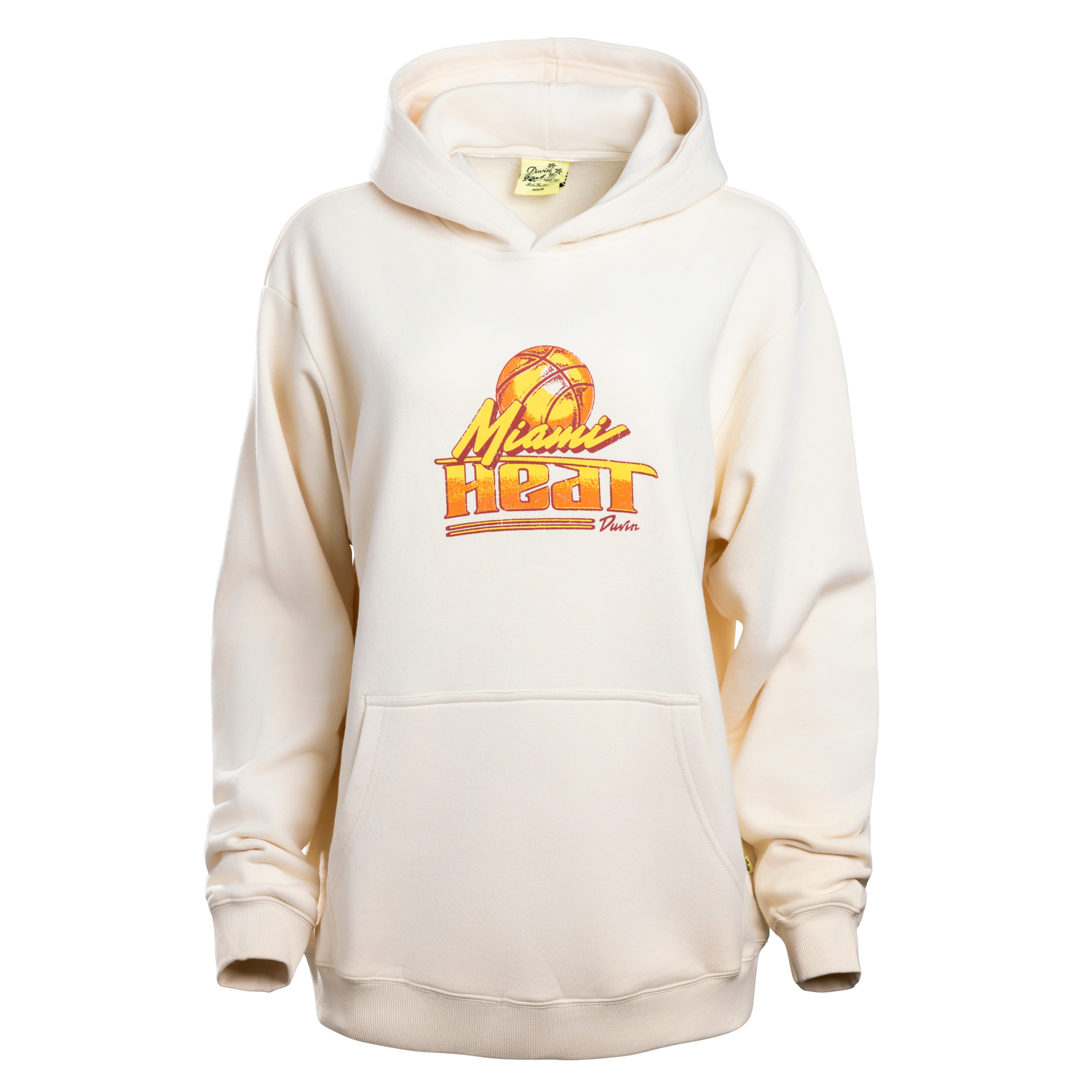 The Court Culture x Duvin “Sundown” Hoodie by Court Culture is a cream-colored, heavyweight fleece hoodie featuring a relaxed-loose fit, a front pocket, and an orange and yellow Miami Heat basketball logo on the chest. It is displayed against a plain white background.