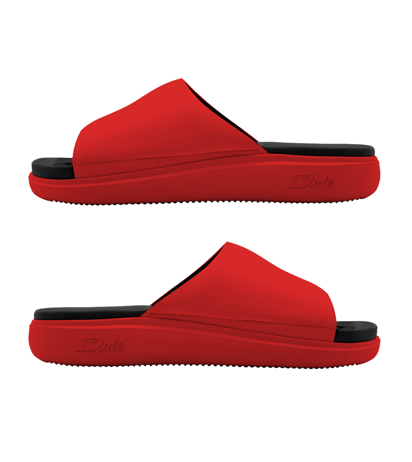 Pair of ISlide Miami HEAT Script Red Sandals featuring red straps and black massaging footbeds.