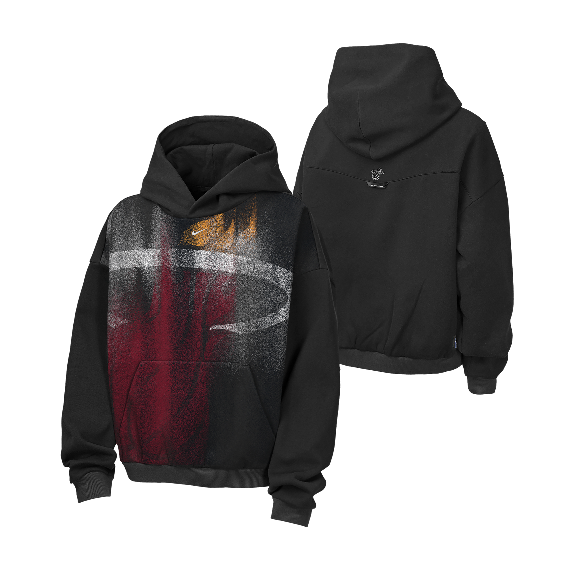 Front and back view of the Nike Miami HEAT Oversized Logo Fleece Youth Hoodie, a black loose-fit design featuring the bold Miami Heat logo and Nike Swoosh on the front in red, white, and yellow accents. Made from a comfortable cotton-polyester blend with a classic kangaroo pocket for convenience, this hoodie has a plain back except for a small logo beneath the hood.