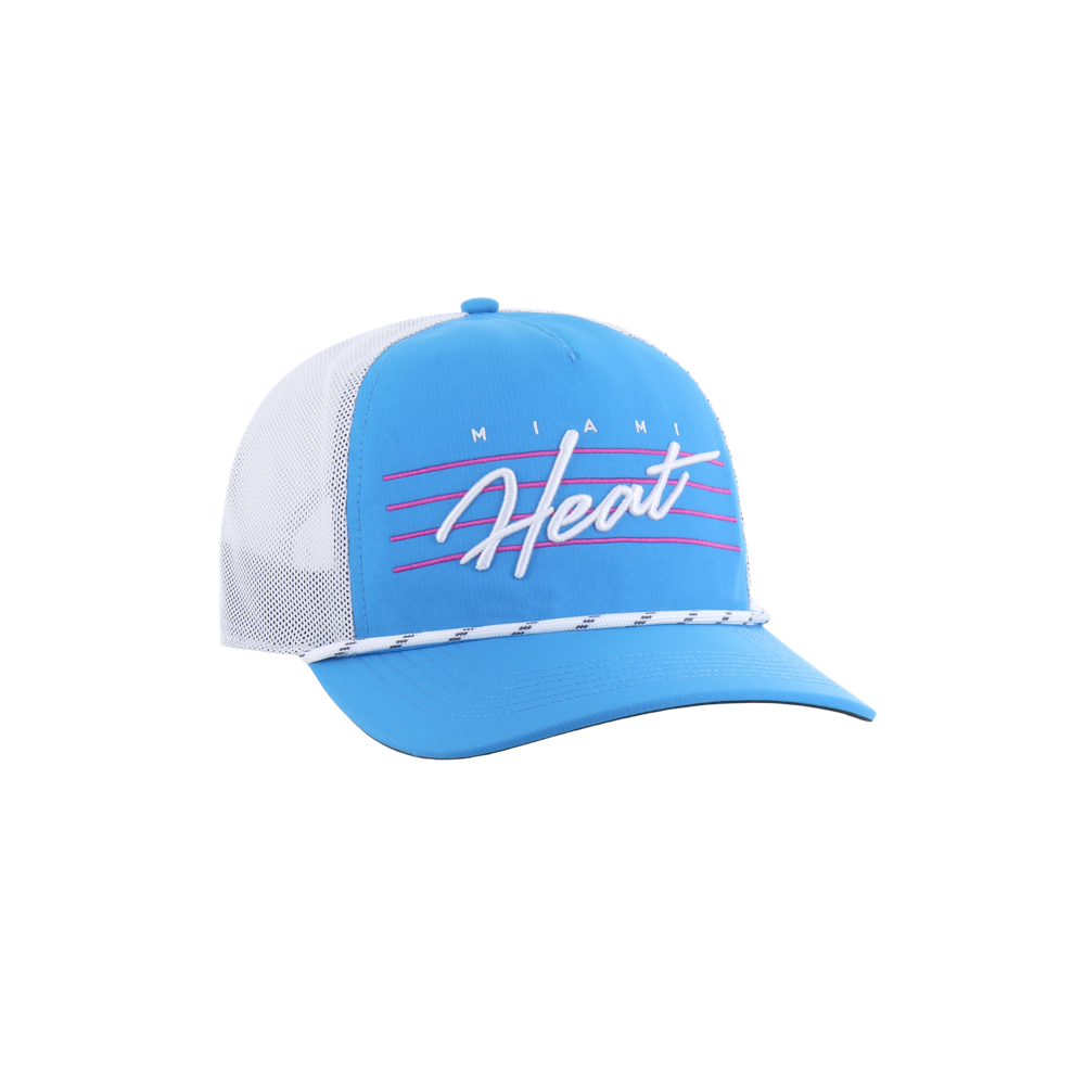 The '47 Brand Miami HEAT Original Vice Nights Blue Snapback is a blue and white mesh hat with 