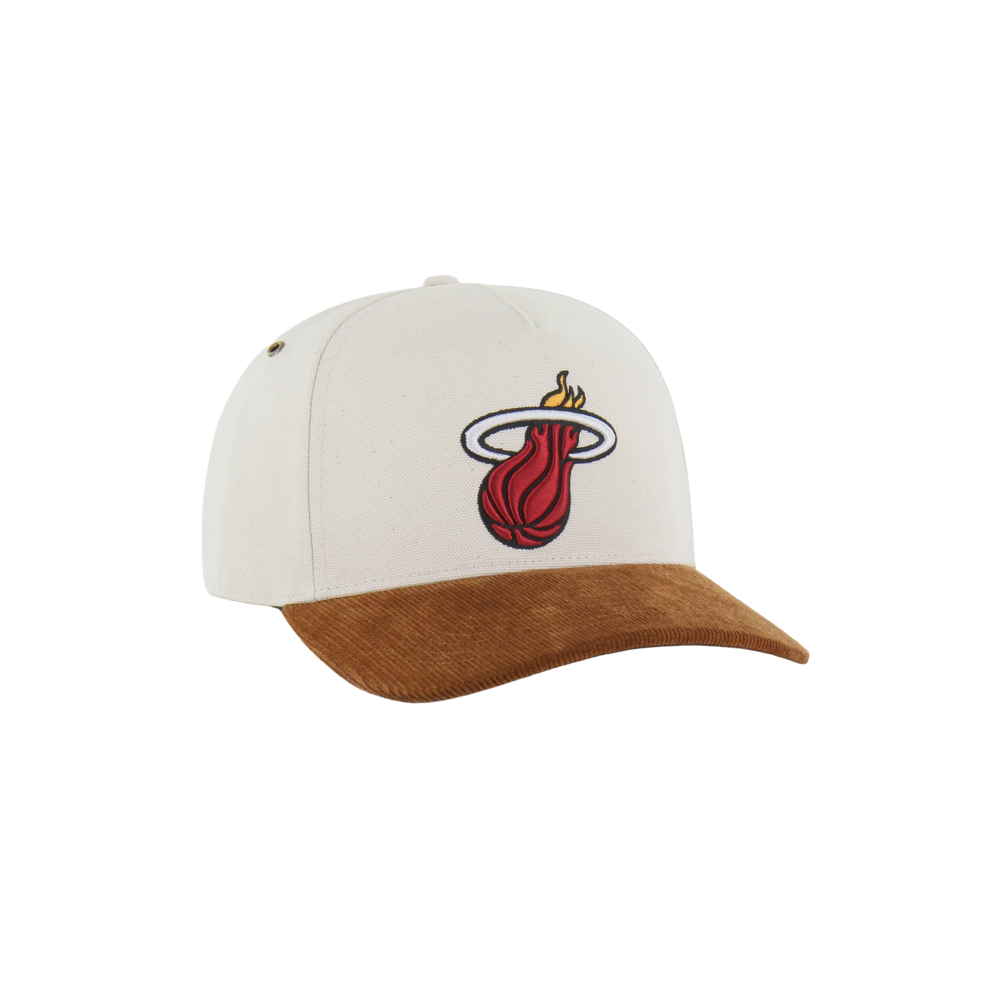The '47 Brand Carhartt Miami HEAT Hitch Snapback is a white hat with a brown corduroy brim, featuring the team logo embroidered on the front and an adjustable snap closure for comfort.