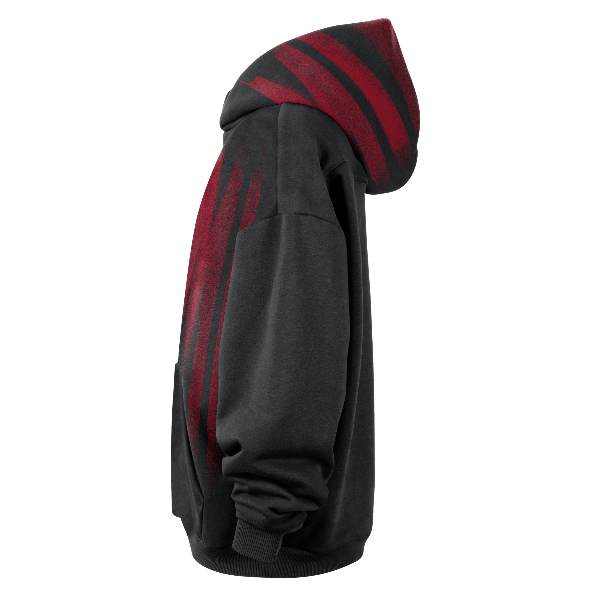 Nike Miami HEAT Oversized Wordmark Fleece Hoodie in black, featuring a loose-fit design, a kangaroo pocket, and a red spray-paint style stripe pattern on the hood and shoulder.