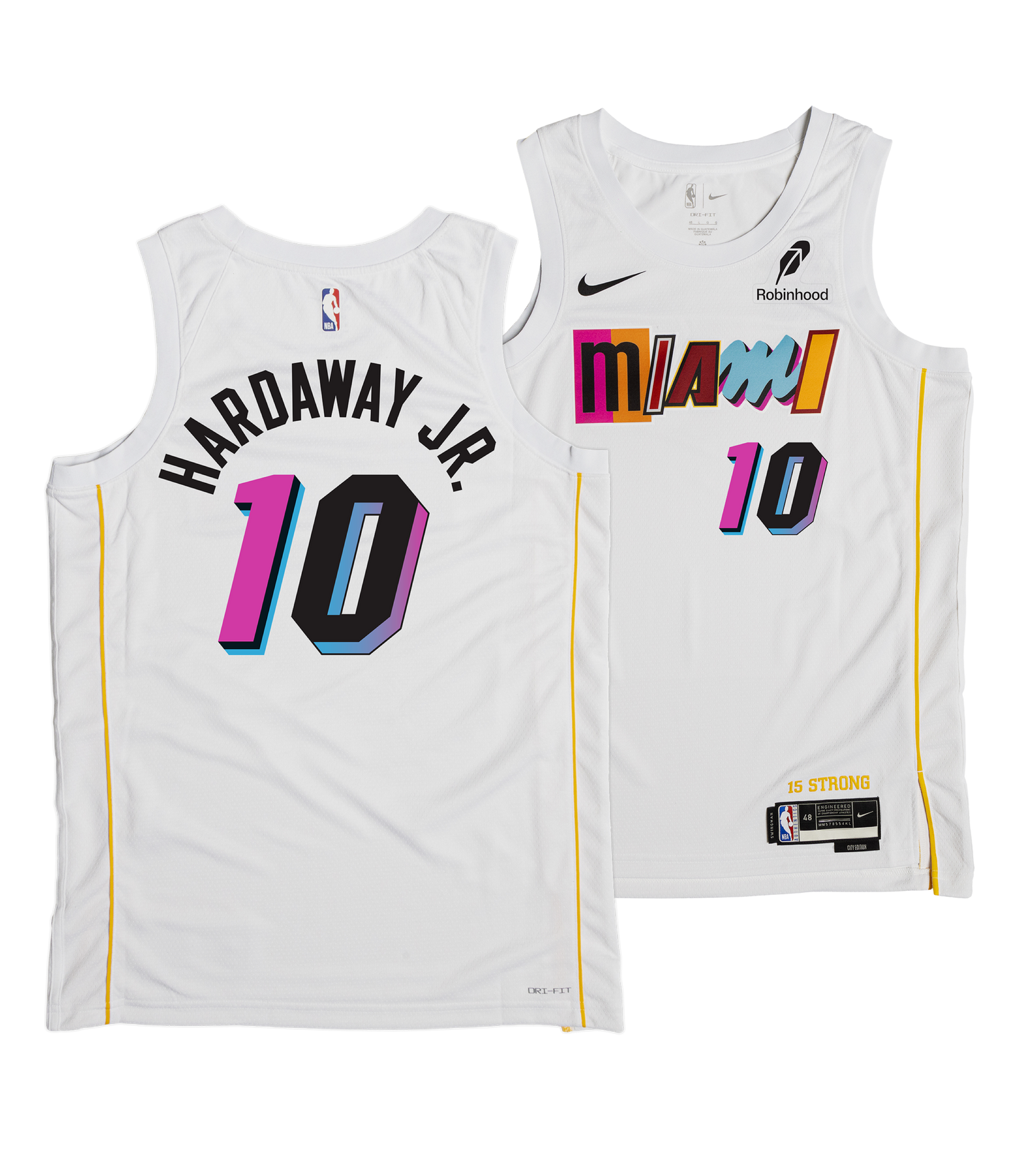 Front and back of the Nike Tim Hardaway Jr. Miami Mashup Vol. 2 Swingman Jersey in white, with colorful 