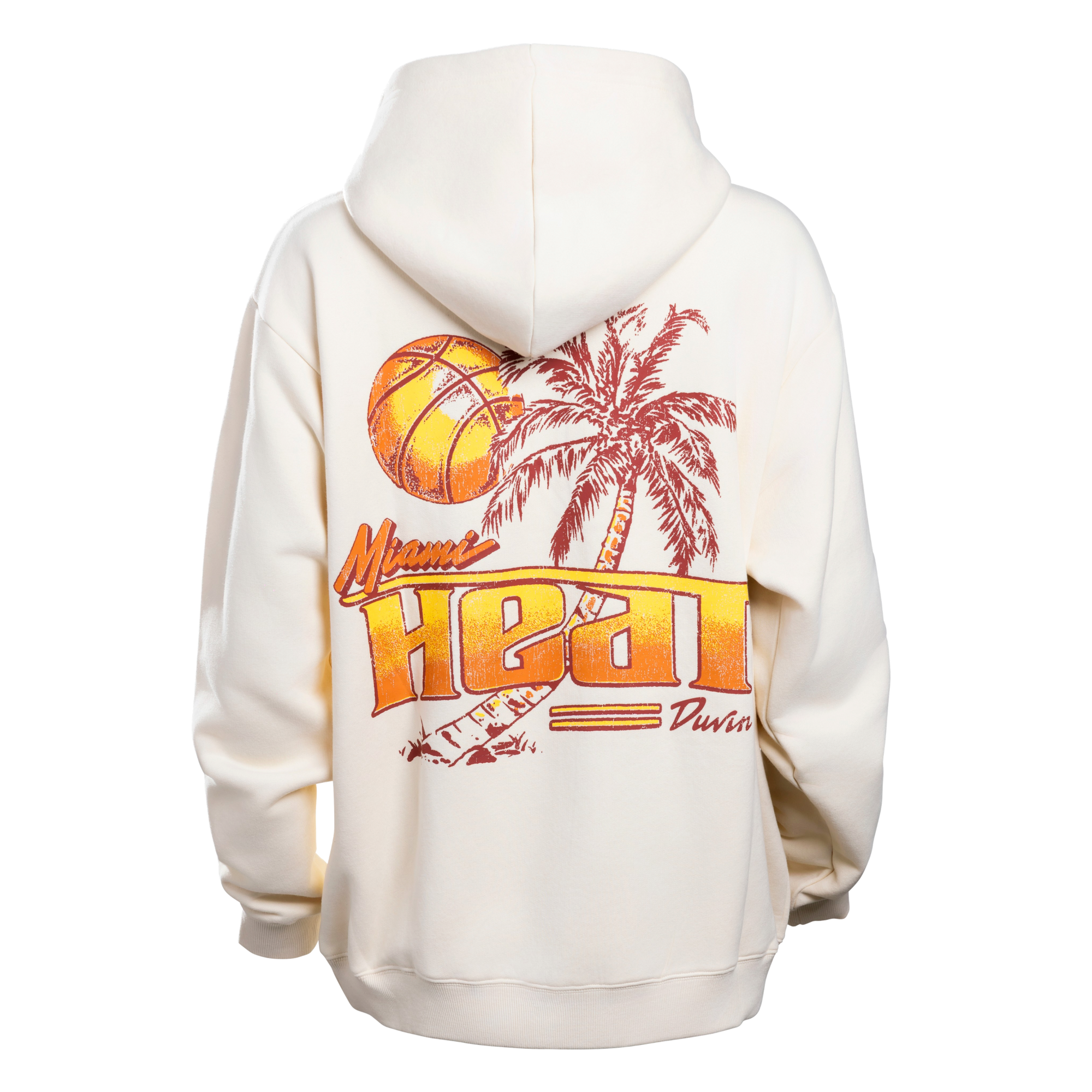 The Court Culture x Duvin “Sundown” Hoodie by Court Culture is a cream-colored, relaxed-loose fit hoodie shown from the back, featuring a large graphic of a basketball and palm tree, along with “Miami Heat” in orange and yellow signature-style text on the lower right.