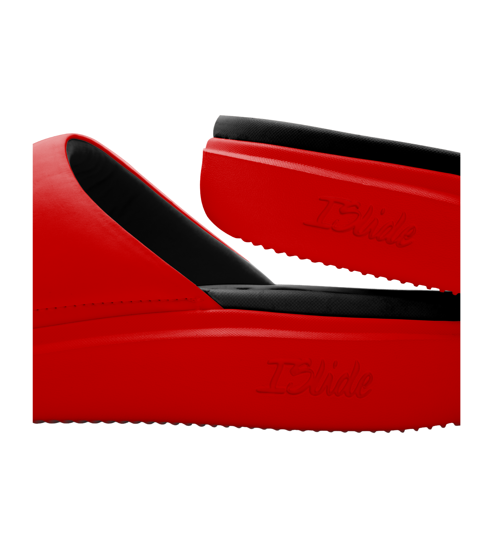ISlide Miami HEAT Script Red Sandals featuring a red design with black, massaging footbeds and embossed logo detail on the side.