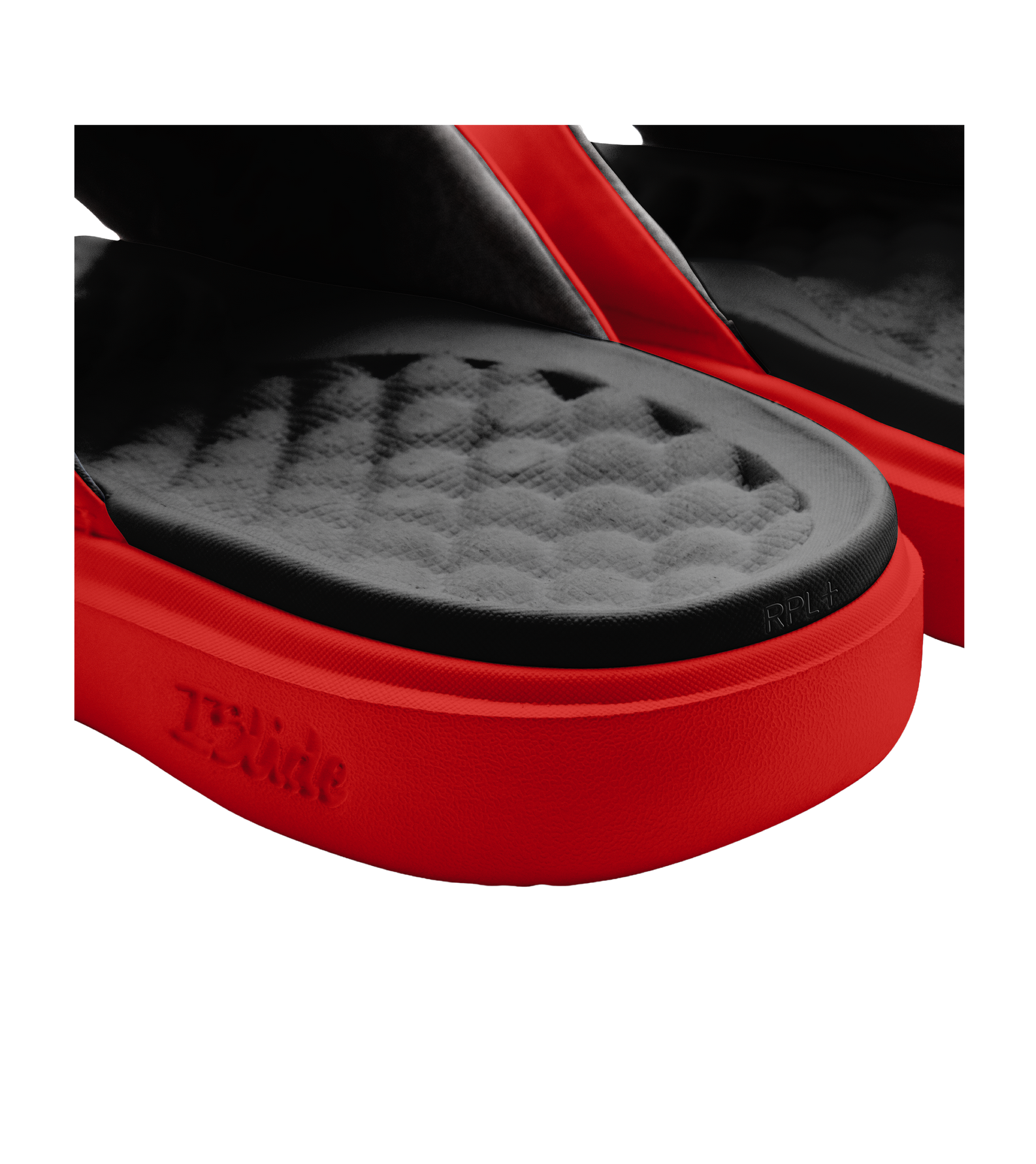 Red ISlide Miami HEAT Script Red Sandals featuring a contoured, textured black footbed with RPL+ technology and a red strap.