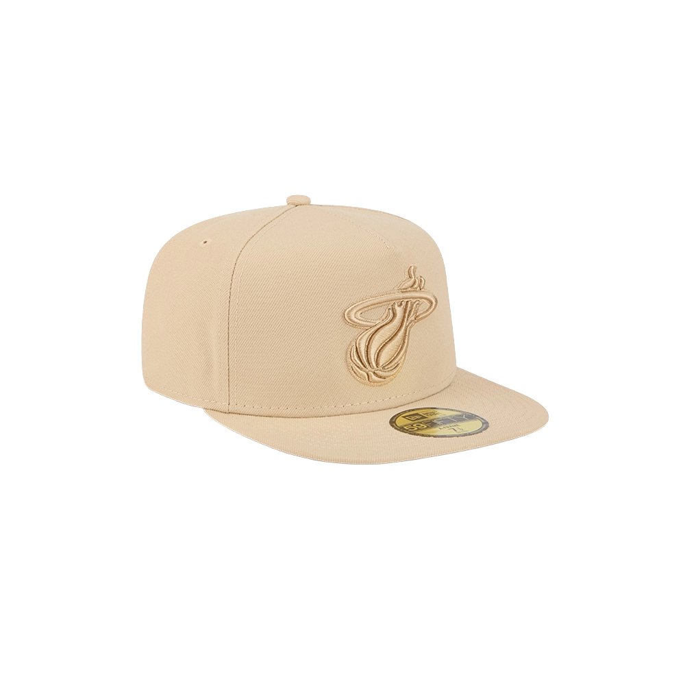 Tan fitted New Era hat with embossed Miami HEAT logo in matching cream tones. - New Era Miami HEAT Tan Fitted Hat