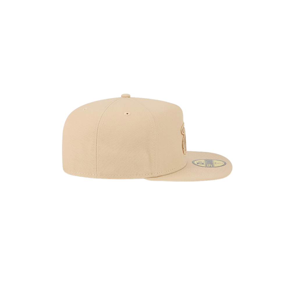 Tan fitted New Era cap with Miami HEAT logo on front and flat brim. - New Era Miami HEAT Tan Fitted Hat