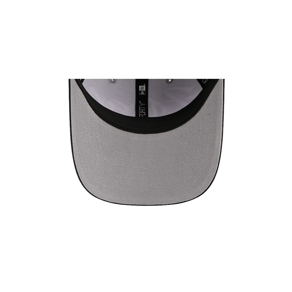 A top-down view of the New Era Miami HEAT Loyal Team Snapback shows a gray cap with black brim, black inner bands, visible stitching, and an A-Frame pinched front dome structure.