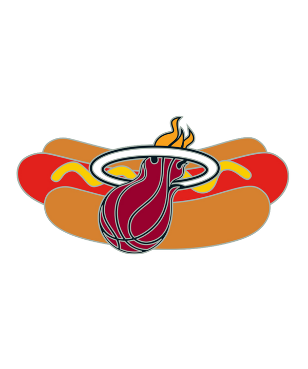 The Pro Specialties Miami HEAT Hotdog Pin features the official flaming basketball logo with a white halo atop a cartoon hot dog in a bun with mustard. This playful, officially licensed pin measures 1 1/2 inches.