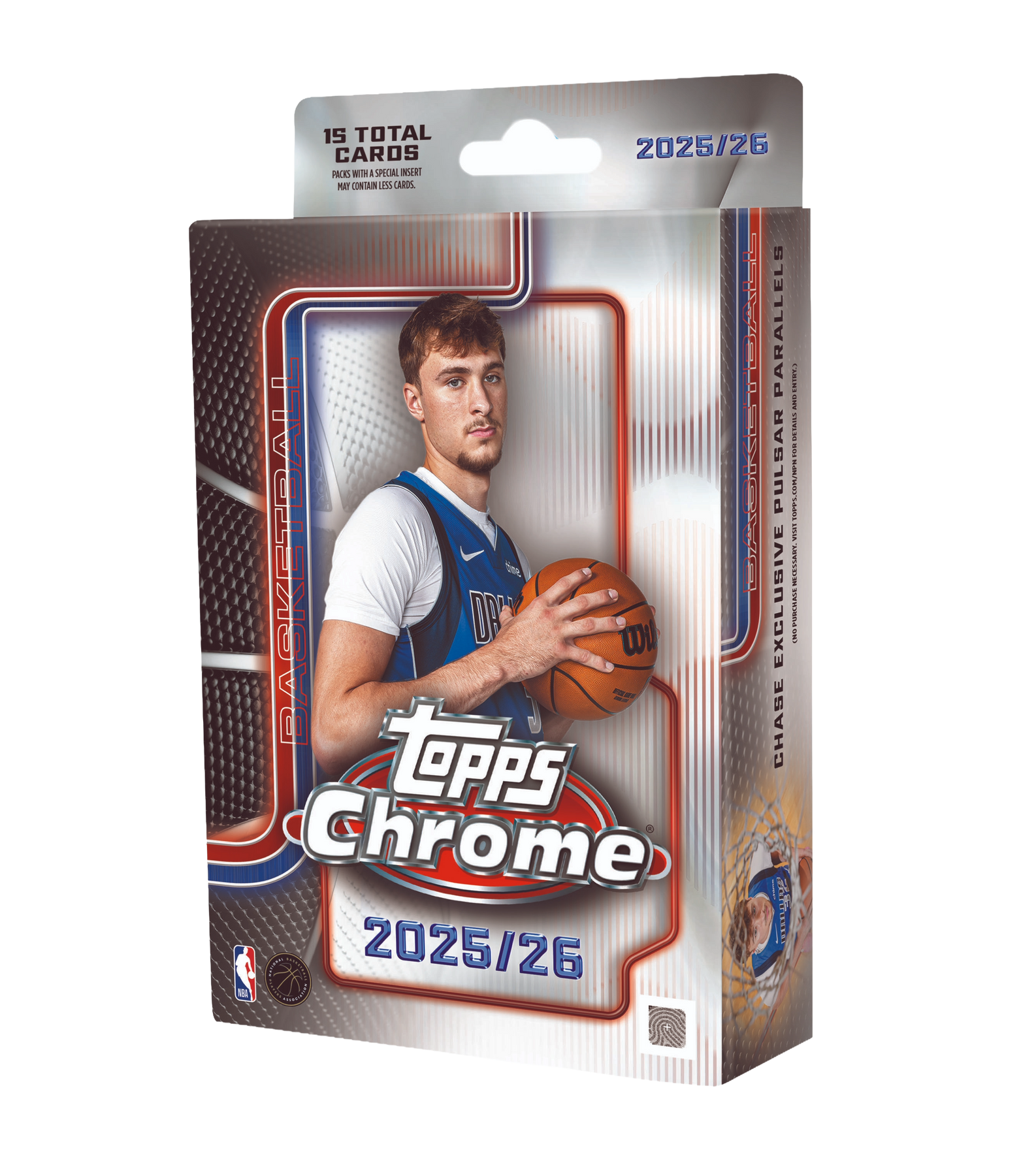 The TOPPS 2025-26 Chrome Hanger Box features basketball trading cards with players in blue and white jerseys, metallic design accents, and the NBA logo.