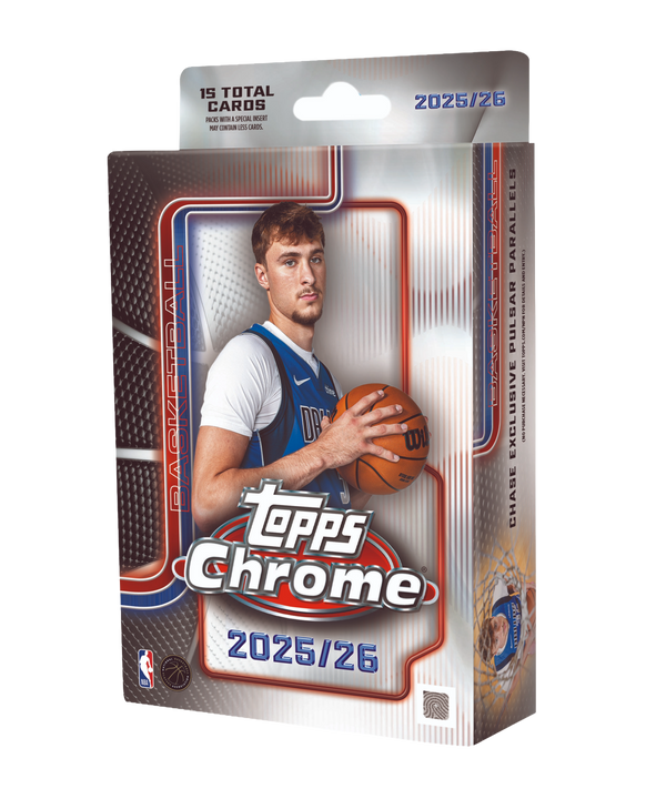 The TOPPS 2025-26 Chrome Hanger Box features basketball trading cards with players in blue and white jerseys, metallic design accents, and the NBA logo.