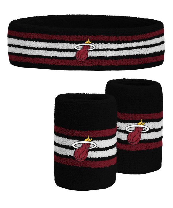 Cheer on the Miami HEAT with the For Bare Feet Multicolor 3-Piece Headband & Wristband Set, featuring team stripes and embroidered logos for authentic NBA style.
