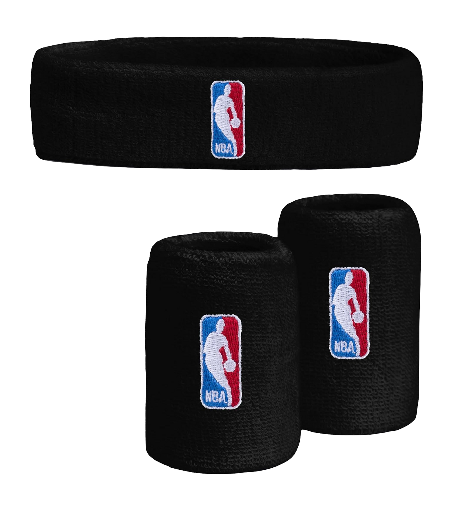 The For Bare Feet NBA 3-Piece Black Headband & Wristband Set features the iconic NBA logo—white player silhouette on a blue and red background—making it essential gear for any basketball fan.