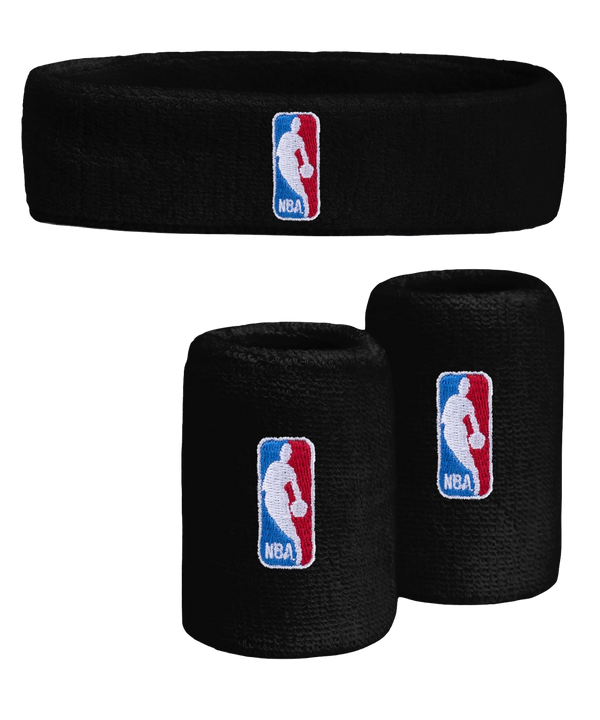 The For Bare Feet NBA 3-Piece Black Headband & Wristband Set features the iconic NBA logo—white player silhouette on a blue and red background—making it essential gear for any basketball fan.