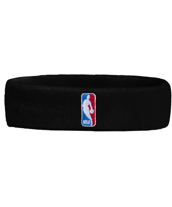 The For Bare Feet NBA 3-Piece Black Headband & Wristband Set features the iconic NBA logo—white player silhouette on a blue and red background—making it essential gear for any basketball fan.