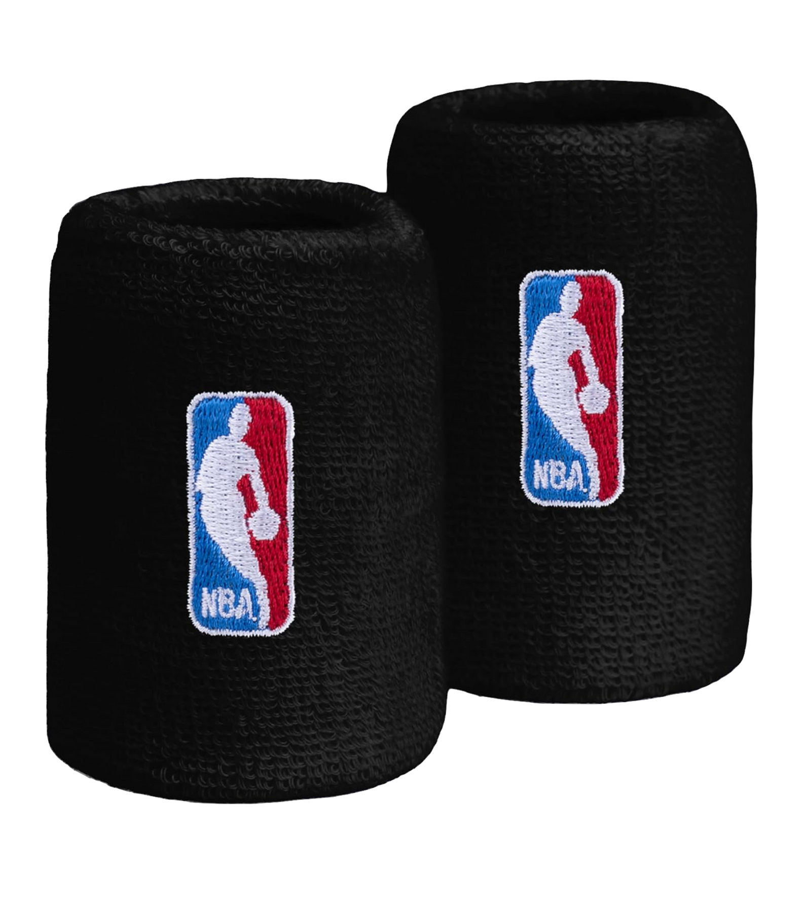 The For Bare Feet NBA 3-Piece Black Headband & Wristband Set features two black wristbands with the iconic NBA logo—a white player silhouette on a red and blue background—displayed side by side on a plain white surface.
