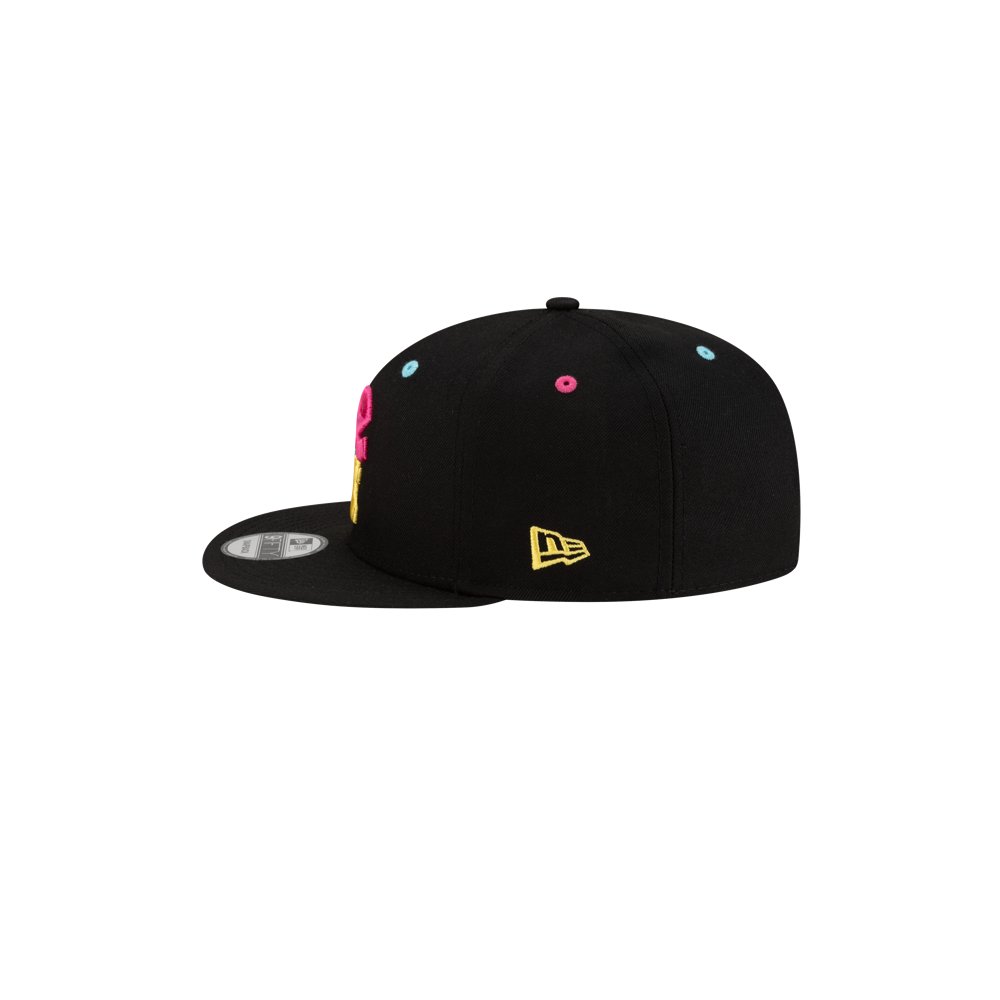 The Court Culture Original Vice Nights Wordmark Snapback is a black polyester hat with a flat brim, colorful eyelets, and a yellow embroidered Court Culture logo near the back. One size fits most; spot clean only.