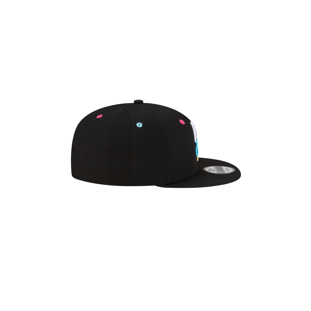 The Court Culture Original Vice Nights Wordmark Snapback is a black polyester hat with a flat brim, shown from the back. Bright pink and blue stitched eyelets accent the top. One size fits most. Plain white background. Spot clean for best care.