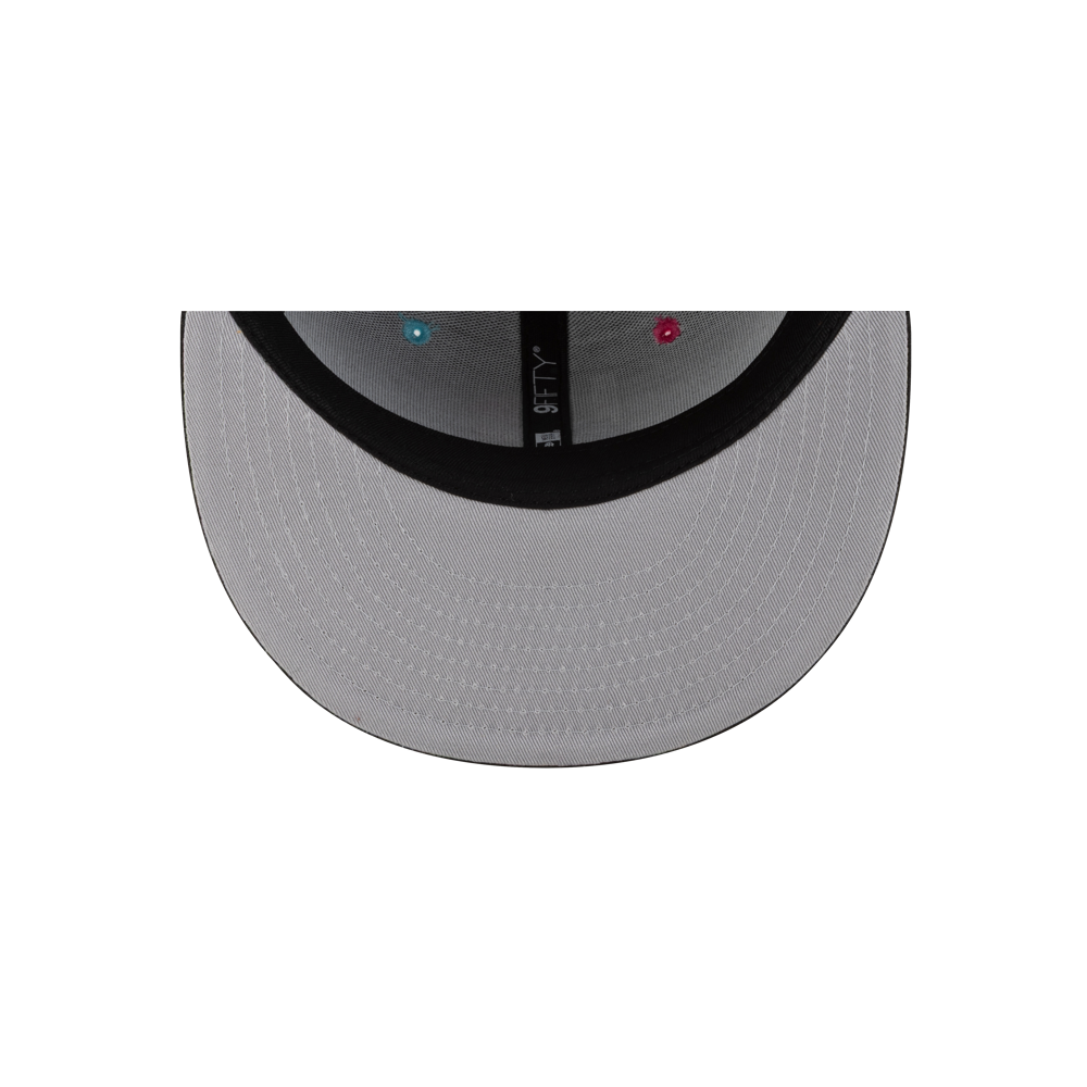 Top-down view of the underside of the Court Culture Original Vice Nights Wordmark Snapback, a grey polyester hat with a black brim edge, black center seam, and blue and red ventilation holes. Spot clean only; one size fits most.
