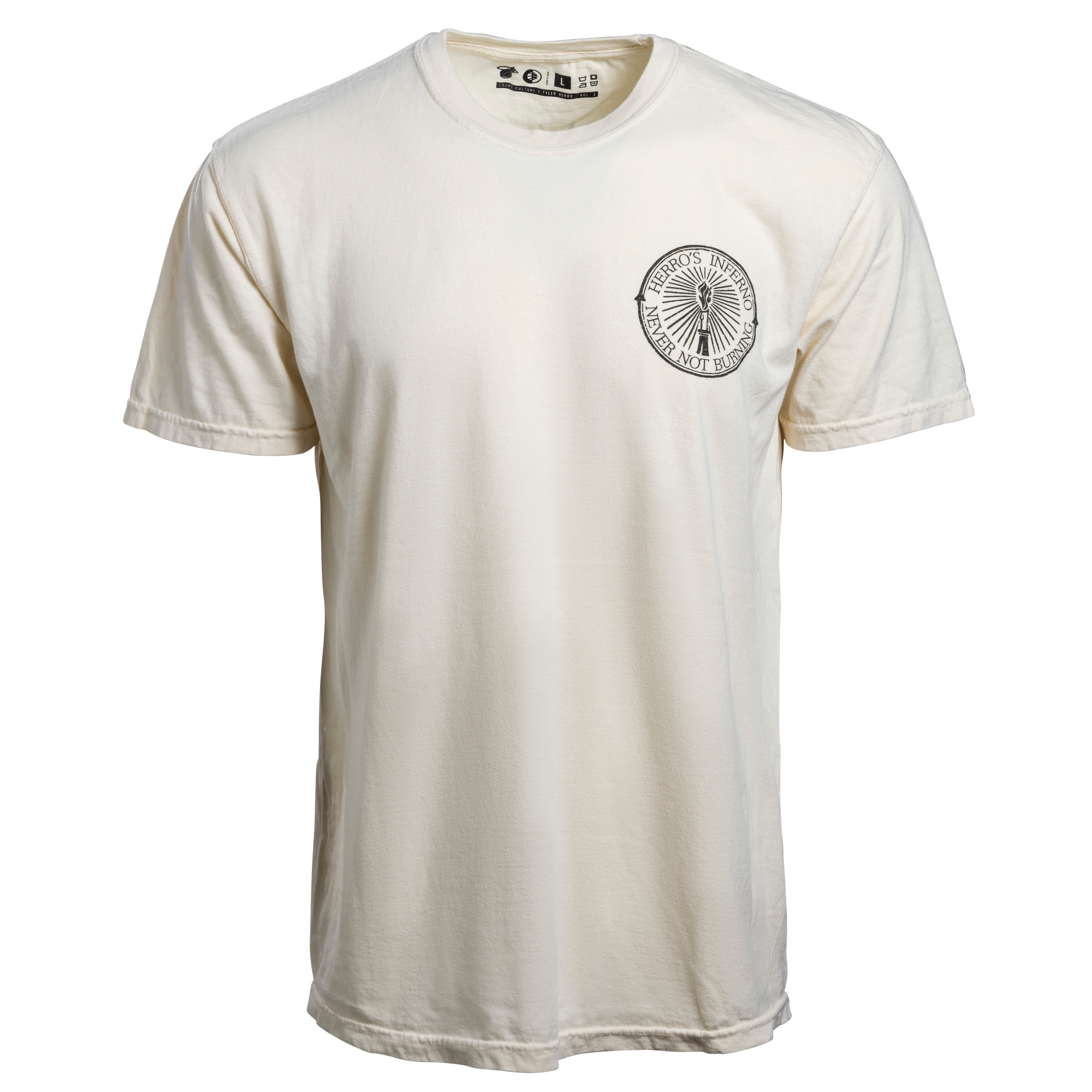Ivory Court Culture Tyler Herro Inferno unisex tee with small black Miami HEAT logo on chest. - Court Culture Tyler Herro's Inferno Unisex Tee