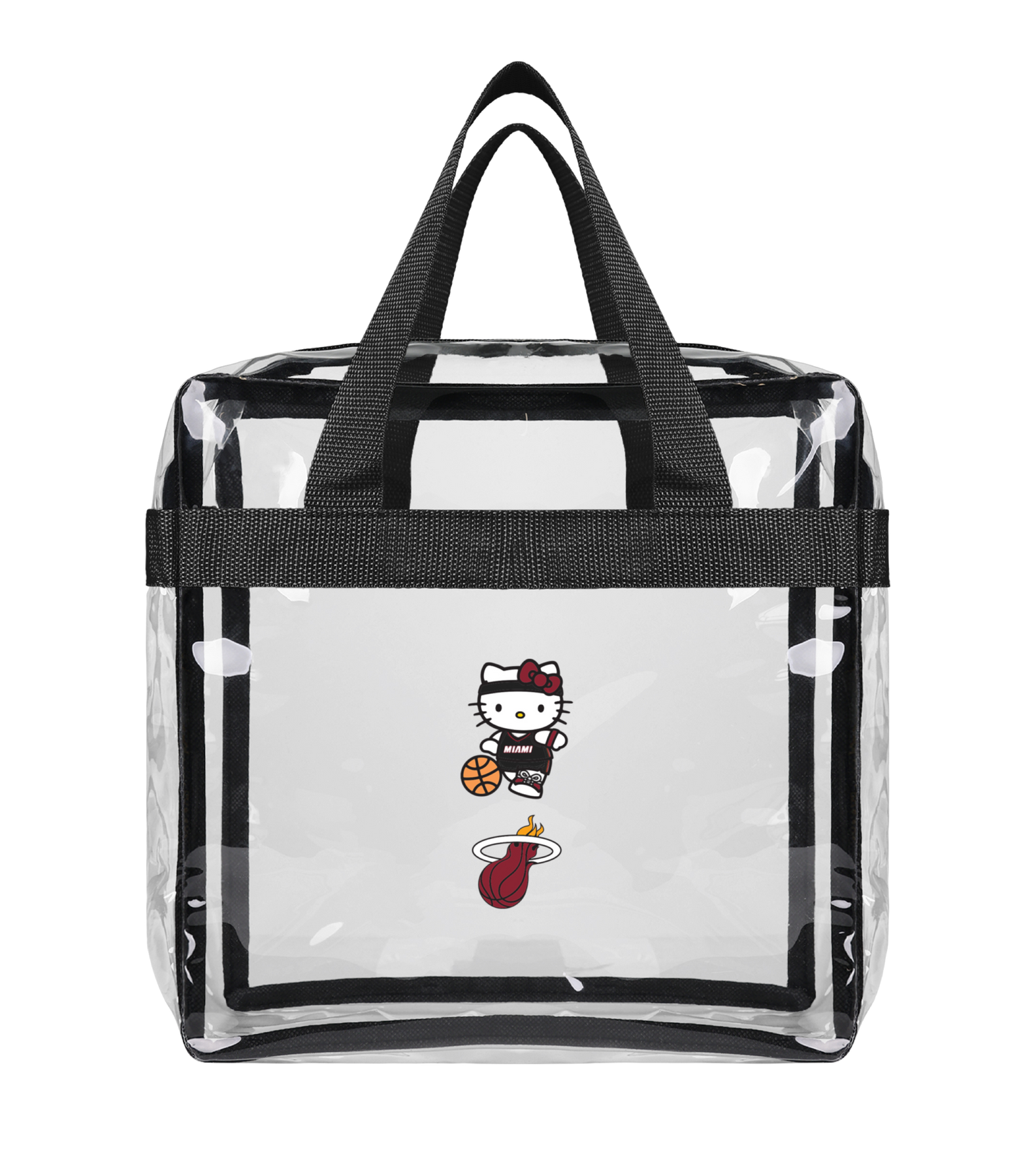 The Miami HEAT Hello Kitty Clear Bag by Forever Collectibles is a 10x12 transparent PVC tote with black handles, showing Hello Kitty in a basketball uniform holding a ball above the Miami Heat logo. Surface washable for easy care.