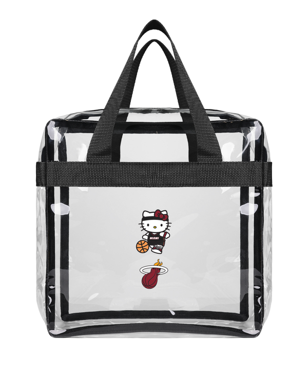 The Miami HEAT Hello Kitty Clear Bag by Forever Collectibles is a 10x12 transparent PVC tote with black handles, showing Hello Kitty in a basketball uniform holding a ball above the Miami Heat logo. Surface washable for easy care.