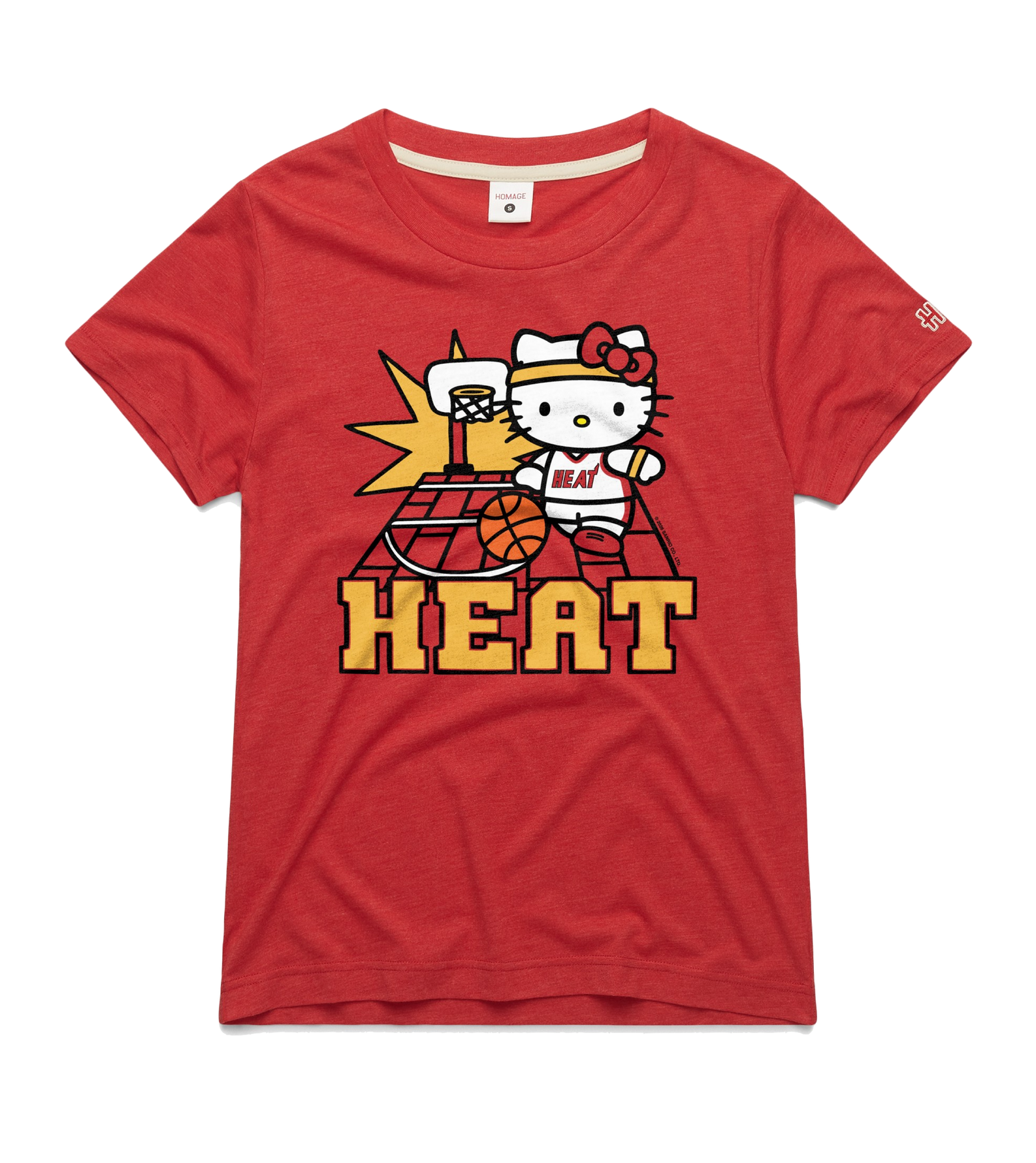 Homage Miami HEAT Hello Kitty Basketball Women’s Tee: red polyester-cotton crew neck t-shirt featuring a graphic of Hello Kitty wearing a basketball uniform on a court, with the word HEAT printed below.