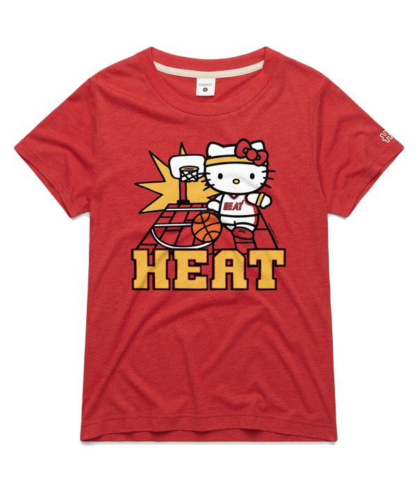 Homage Miami HEAT Hello Kitty Basketball Women’s Tee: red polyester-cotton crew neck t-shirt featuring a graphic of Hello Kitty wearing a basketball uniform on a court, with the word HEAT printed below.