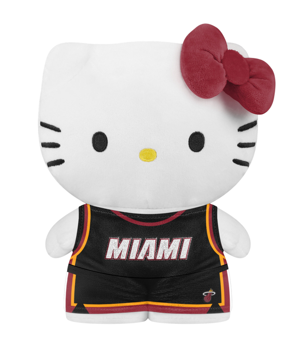 The Miami HEAT Hello Kitty Plushie by Forever Collectibles features Hello Kitty in a black Heat jersey and shorts with red and yellow trim, plus her signature bow; this surface washable plush is perfect for young fans.