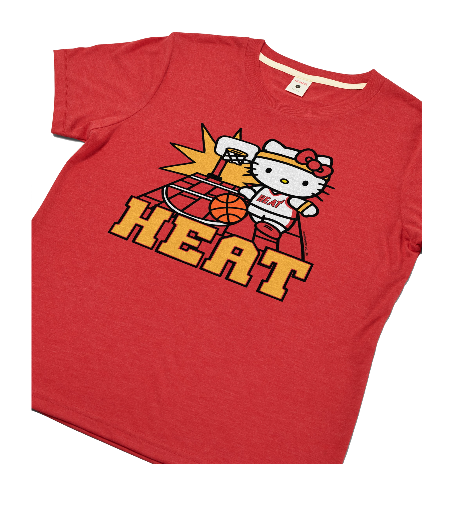 A red polyester-cotton Homage Miami HEAT Hello Kitty Basketball Women’s Tee featuring a graphic of Hello Kitty playing basketball in a Heat jersey above the word HEAT in bold yellow letters.