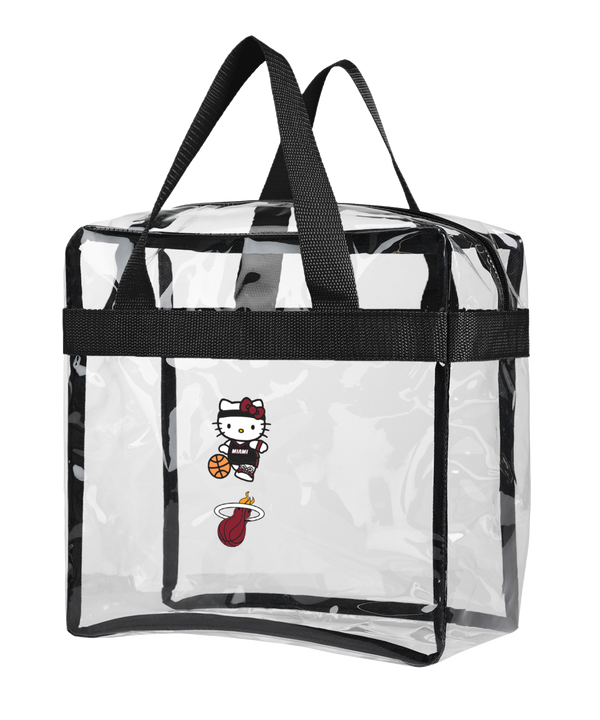 The Miami HEAT Hello Kitty Clear Bag by Forever Collectibles is a 10x12 transparent PVC tote with black handles, showing Hello Kitty in a basketball uniform holding a ball above the Miami Heat logo. Surface washable for easy care.