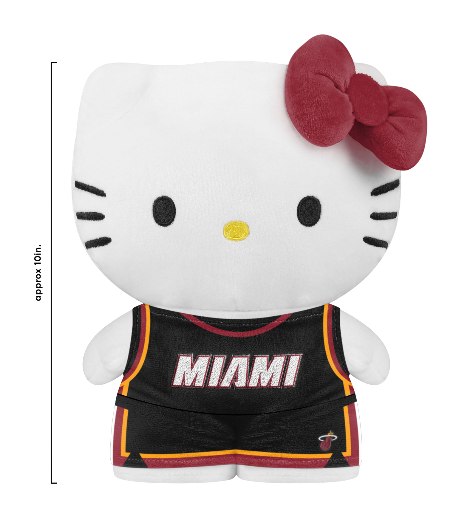 The Miami HEAT Hello Kitty Plushie by Forever Collectibles is a 10-inch polyester toy featuring Hello Kitty in a black Miami Heat jersey, shorts, and red bow—surface washable and perfect for children.