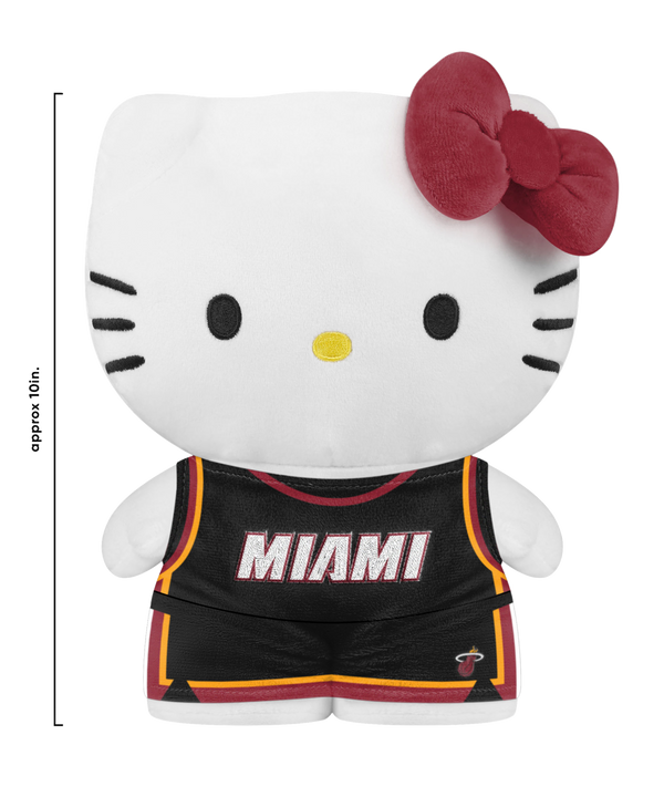 The Miami HEAT Hello Kitty Plushie by Forever Collectibles features Hello Kitty in a black Heat jersey and shorts with red and yellow trim, plus her signature bow; this surface washable plush is perfect for young fans.
