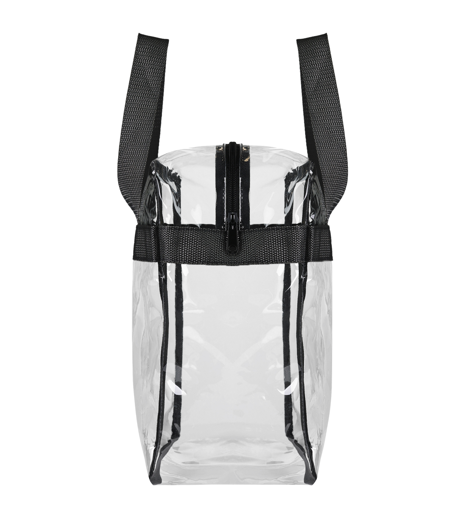 The Miami HEAT Hello Kitty Clear Bag by Forever Collectibles is a 10x12-inch PVC rectangular backpack with black straps, trim, and top zipper, surface washable and displayed against a white background.