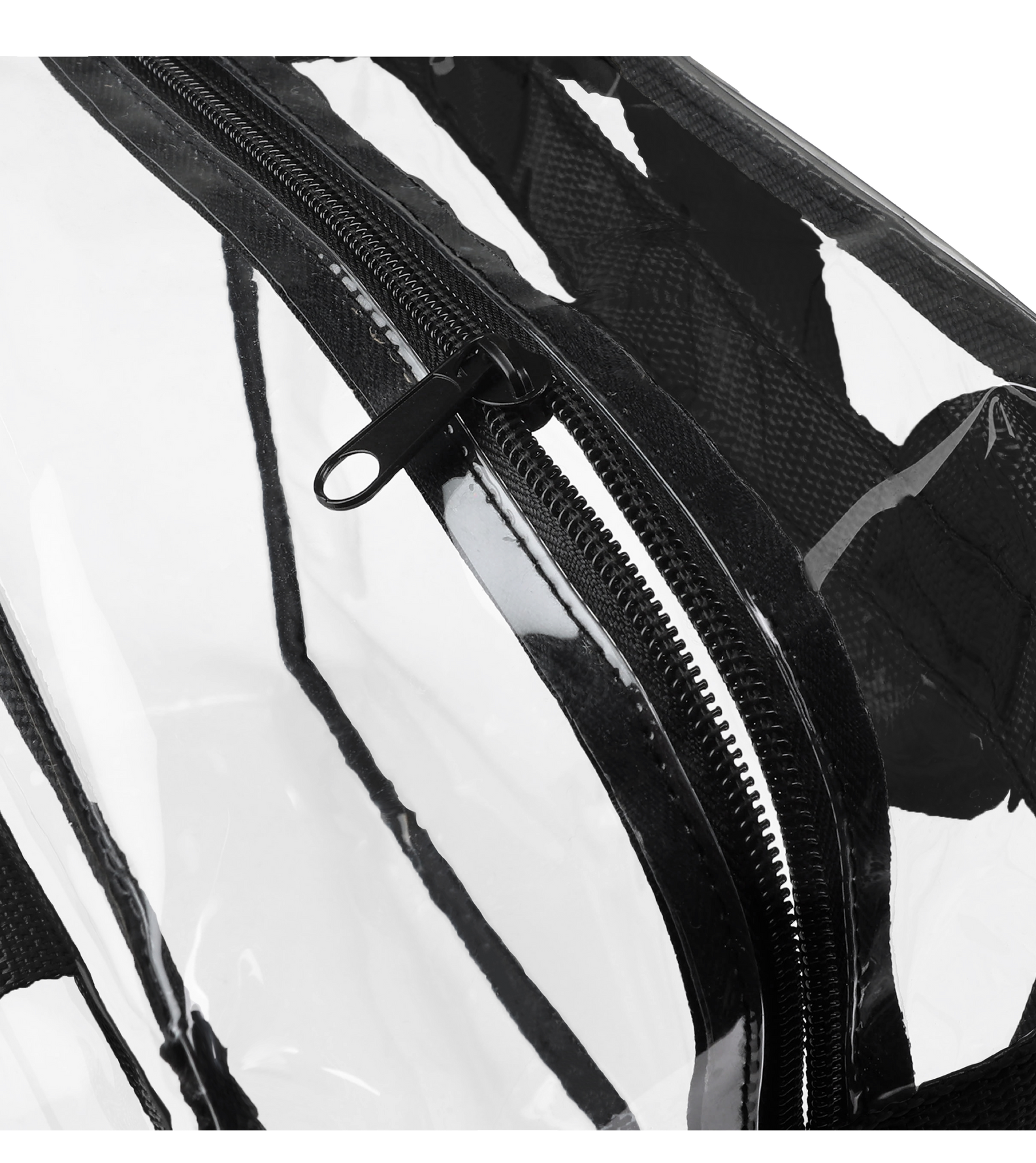 Close-up of the Miami HEAT Hello Kitty Clear Bag by Forever Collectibles, featuring a 10 x 12 inch transparent PVC design with black trim and a partially open black zipper, showing off its stitching and inner structure. Surface washable material.