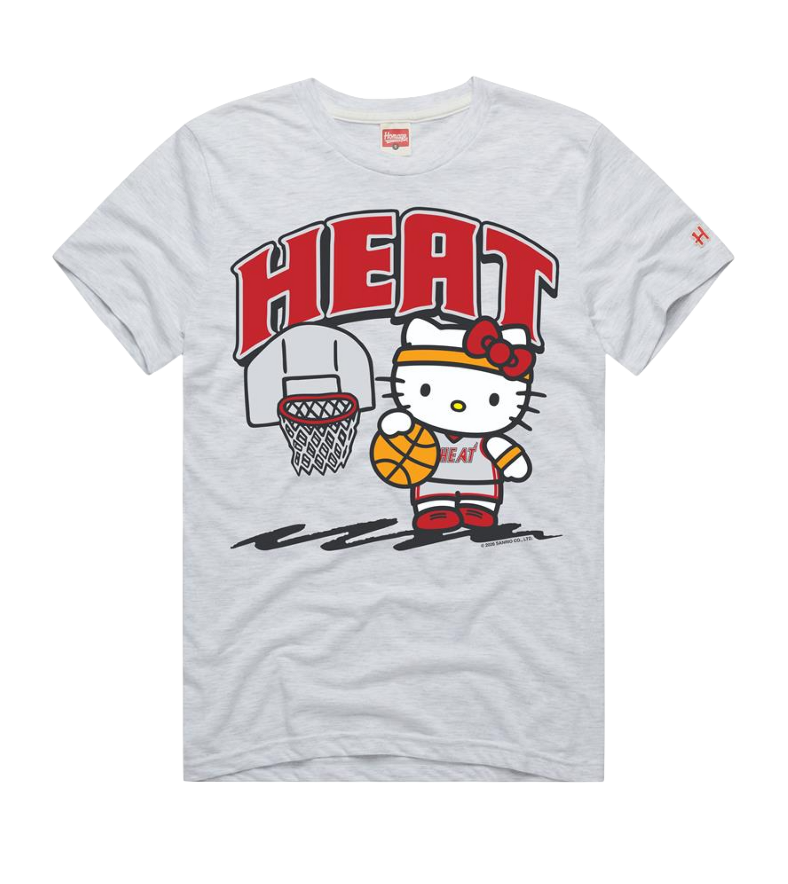 The Homage Miami HEAT Hello Kitty Women's Tee is a white polyester, cotton, and rayon shirt featuring Hello Kitty in a basketball uniform holding a basketball by a hoop with 