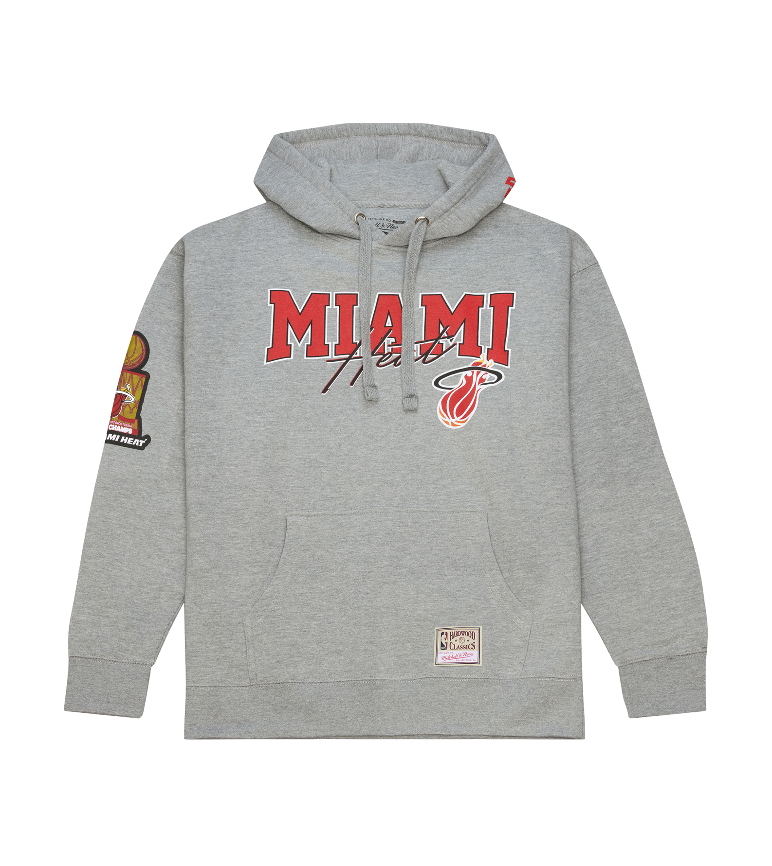 The Mitchell & Ness Miami HEAT 2013 Champions Hoodie is a gray cotton-poly blend with a standard fit, MIAMI HEAT in red and white on the front, team logo and championship patch on the sleeve, front pocket, drawstrings; machine washable.