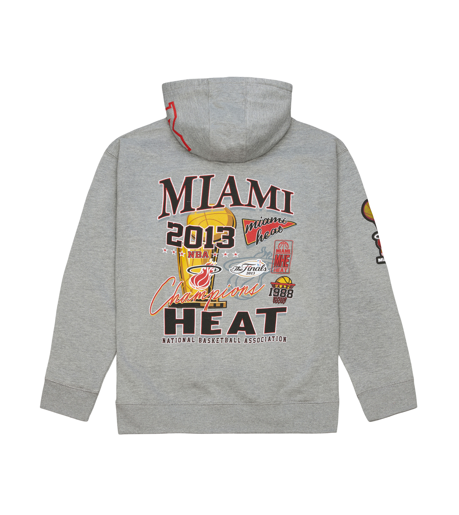 The Mitchell & Ness Miami HEAT 2013 Champions Hoodie features MIAMI 2013 NBA Champions HEAT text, team logos, and trophy graphics on the back and sleeve. Made from a cotton-polyester blend for a standard fit; machine wash cold.
