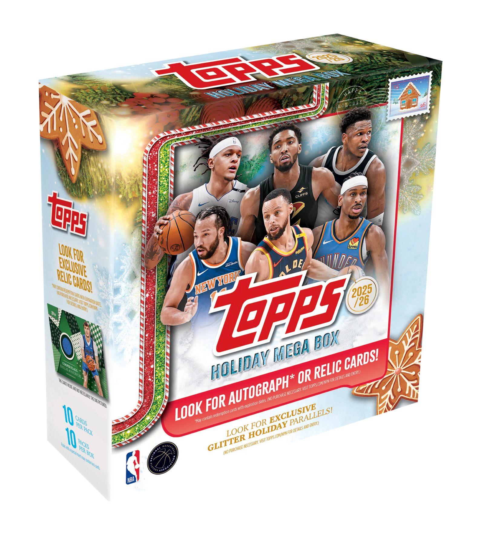 The 2025-26 Topps Holiday Mega Box by TOPPS features six NBA players on the cover, festive designs, exclusive autograph or relic cards, and includes 10 packs of holiday-themed basketball cards with glitter parallels.