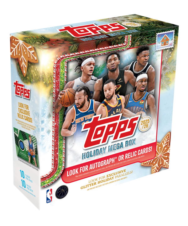 The 2025-26 Topps Holiday Mega Box by TOPPS features six NBA players on the cover, festive designs, exclusive autograph or relic cards, and includes 10 packs of holiday-themed basketball cards with glitter parallels.